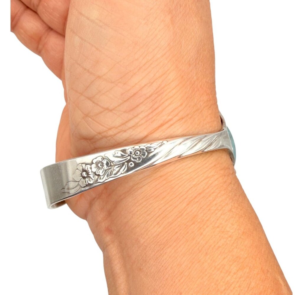 Vintage Silverware Cuff Bracelet with Larimar Stone | Wildwood Pattern 1958 - Picture 4 of 15